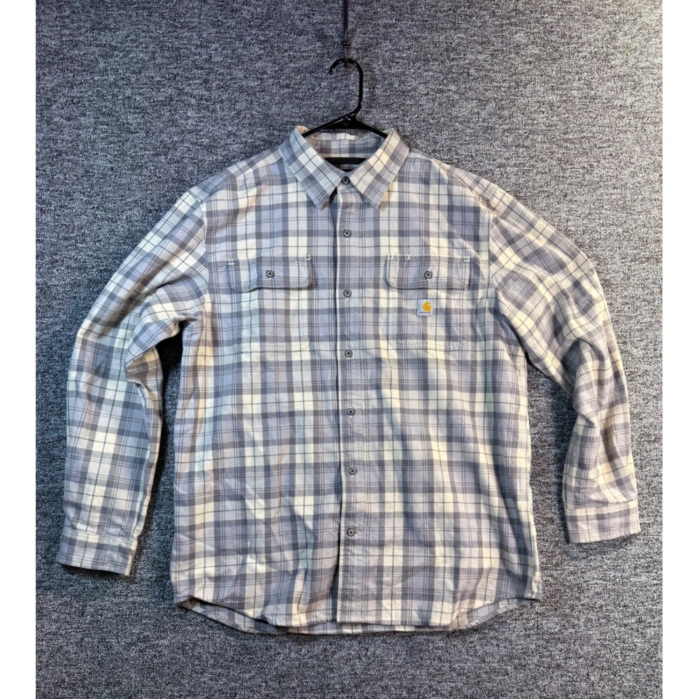 Carhartt Mens Loose Fit Plaid Button Down Shirt Grey Cream TW4451-M Large